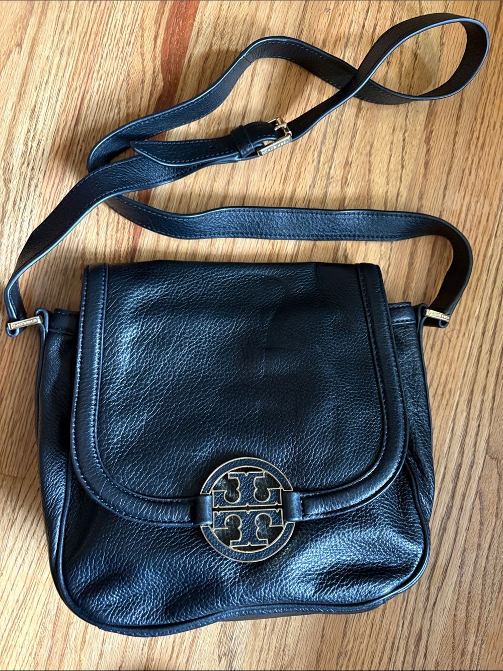 Tory Burch Black Pebbled Leather Flap Crossbody with Gold Logo